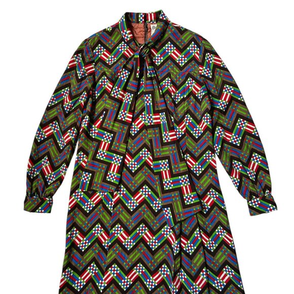 70s vintage wool shift dress midi shirt geometric pattern abstract print tie. - Picture 2 of 13